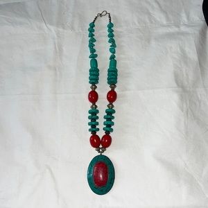 Turquoise and Red Beaded Necklace